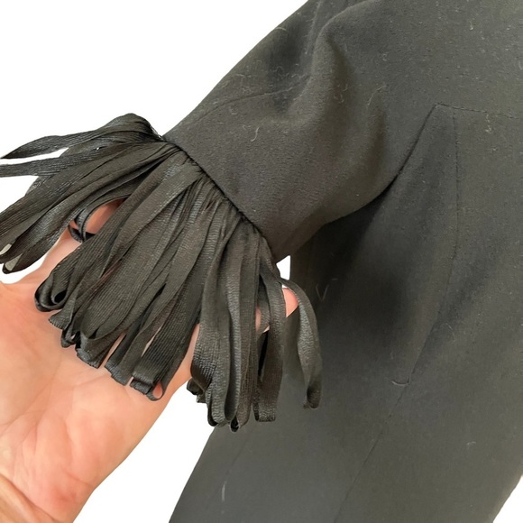Jean Louis Black Vintage Wool Crepe Dress Fringed Trim Size 12 Medium RARE - Picture 5 of 12